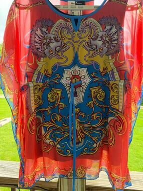 Artistic Resort NWT Sheer 2tee Couture Coral Baroque Paisley Caftan Tunic Size L